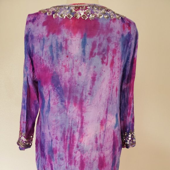 Calypso St Barth Beaded Cotton Tunic shirt bollywood purple pink blue tie dyed - Picture 3 of 3